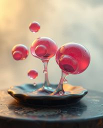 A captivating cinematic image showcasing floating 3D blobs of fluid jelly rendered with vibrant colors and synthetic textures