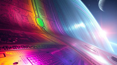 Experience a breathtaking futuristic sci-fi scene featuring an iridescent gradient texture on a metallic surface. Witness vib