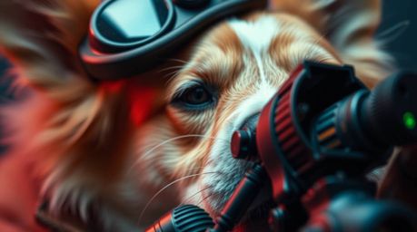 An extreme macro close-up shot captures a dog detective using high-tech gadgets in electric, vivid colors, showcasing intrica