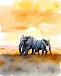 This is a delicate watercolor painting of elephants walking across a field at sunset, rendered in a beautiful palette of warm
