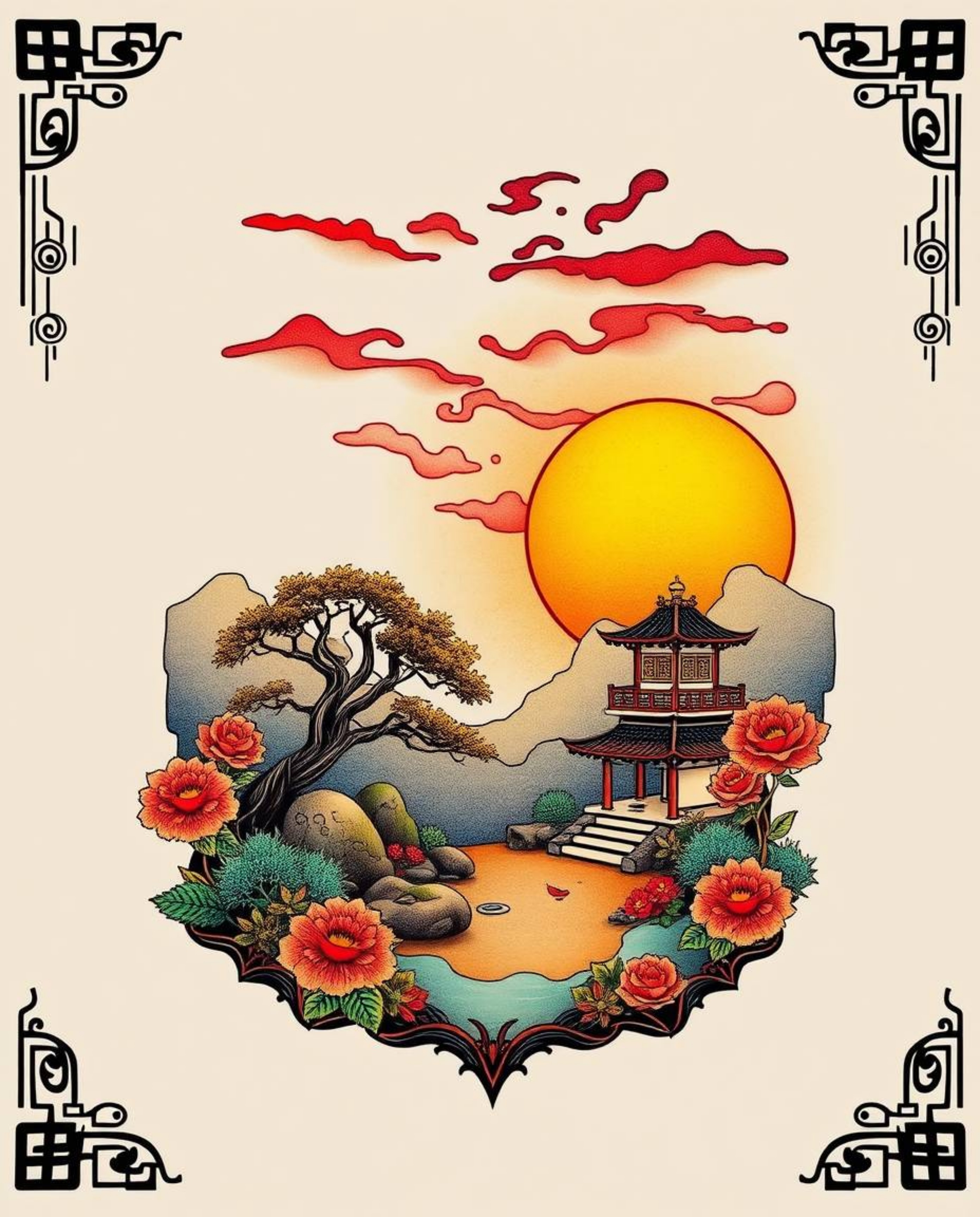 A traditional symbolic tattoo art print depicting a sunset over a serene Zen garden with creative lighting, abstract patterns