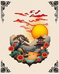 A traditional symbolic tattoo art print depicting a sunset over a serene Zen garden with creative lighting, abstract patterns