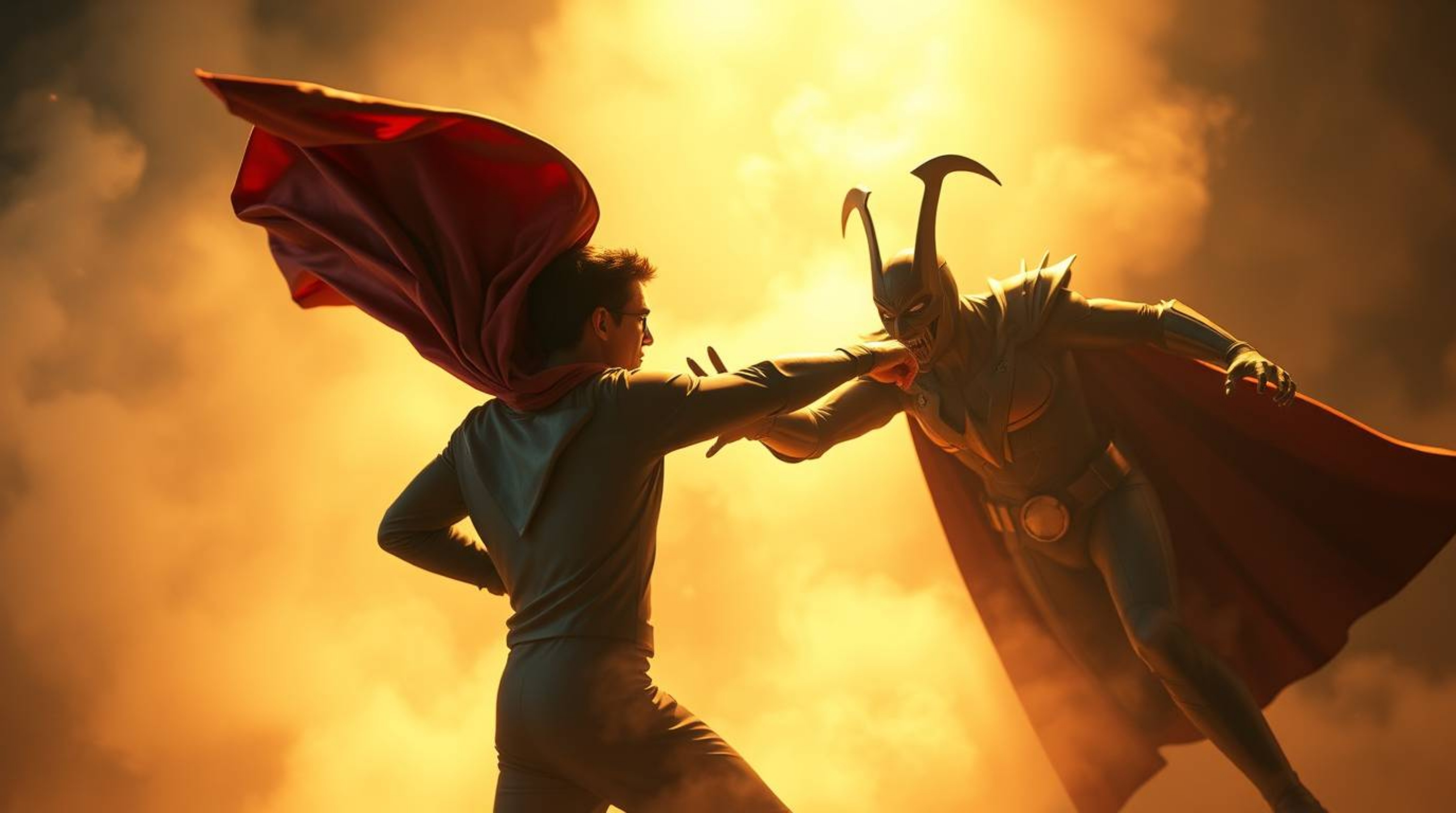 A superhero, cape billowing dramatically, engages in a comical battle with an inept villain.  The scene is bathed in soft, ha
