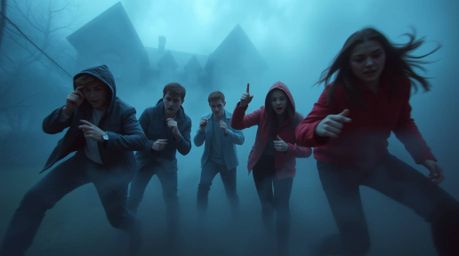 Experience a thrilling adventure with a group of teens as they delve into the secrets of a haunted mansion shrouded in thick 