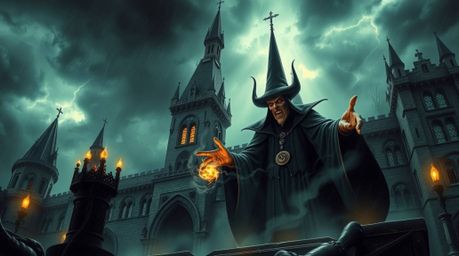 A captivating digital art piece depicting a classic Disney villain casting a spell within the walls of an ancient castle. Ren