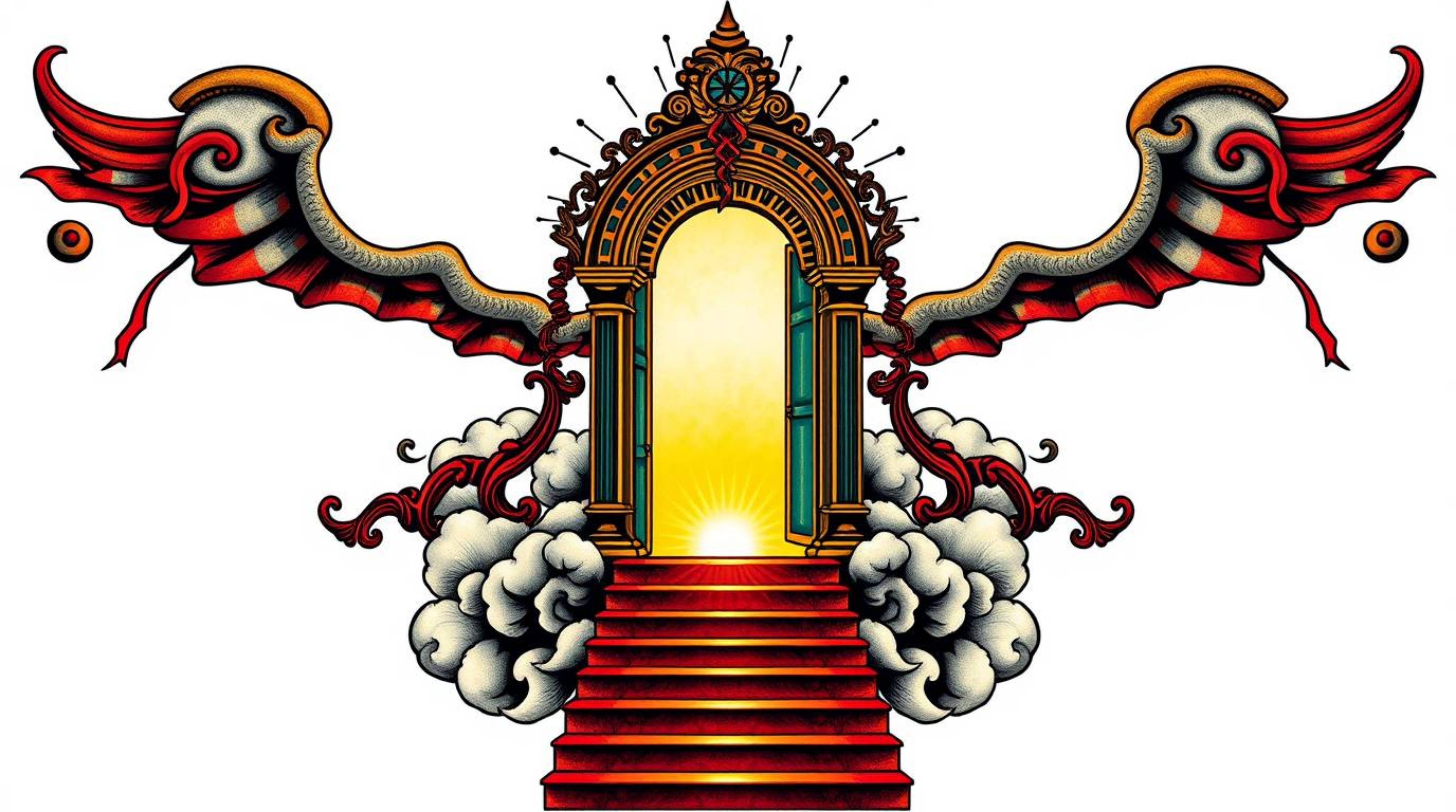 This art print features a symbolic traditional tattoo design of a silhouetted heavenly gate, backlit and floating above the c