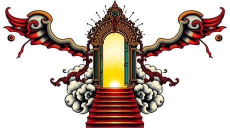 This art print features a symbolic traditional tattoo design of a silhouetted heavenly gate, backlit and floating above the c