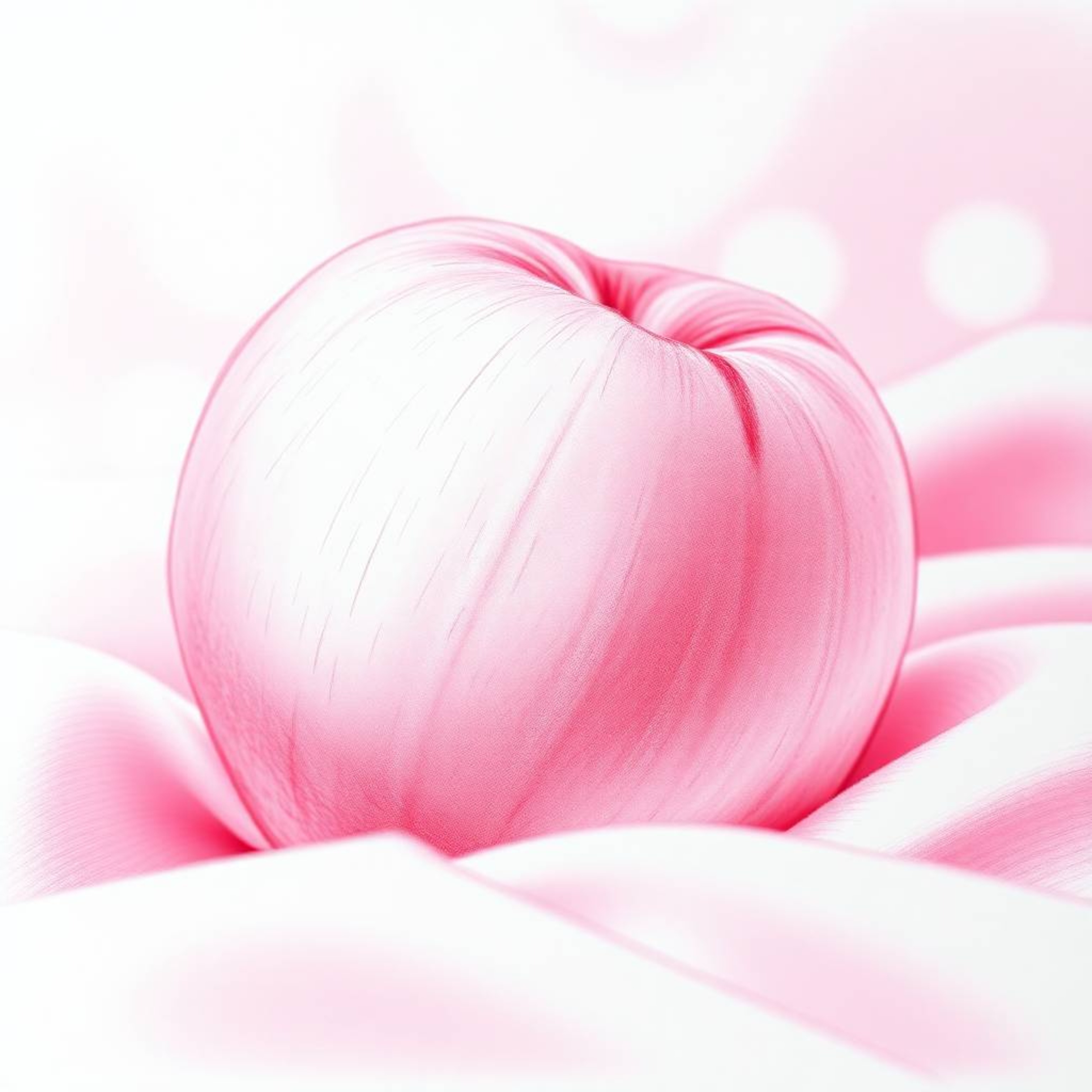 This hand-drawn sketch features a blushing pink peach rendered in deep ultraviolet hues against a backdrop of pastel pink sil