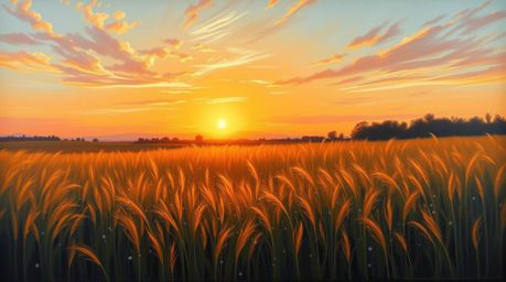 Capture the serene beauty of a sunset over a quiet meadow in this stunning oil painting. The warm golden glow illuminates the