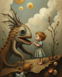 A surreal and dreamlike illustration depicting the blossoming friendship between a sea creature and a human child. The artwor