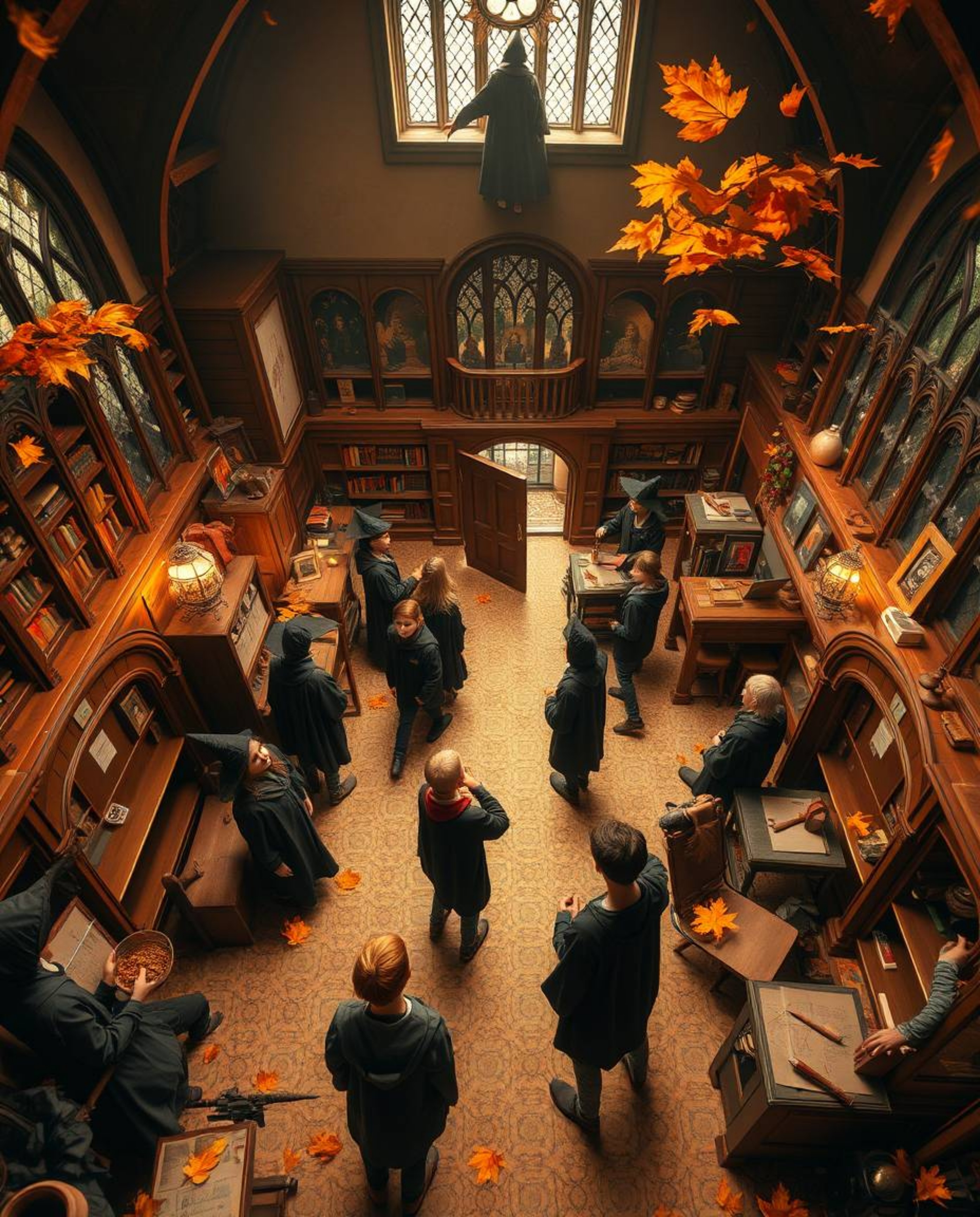 Capture the enchanting essence of a magical school teeming with young wizards, bathed in the warm hues of autumn and radiatin