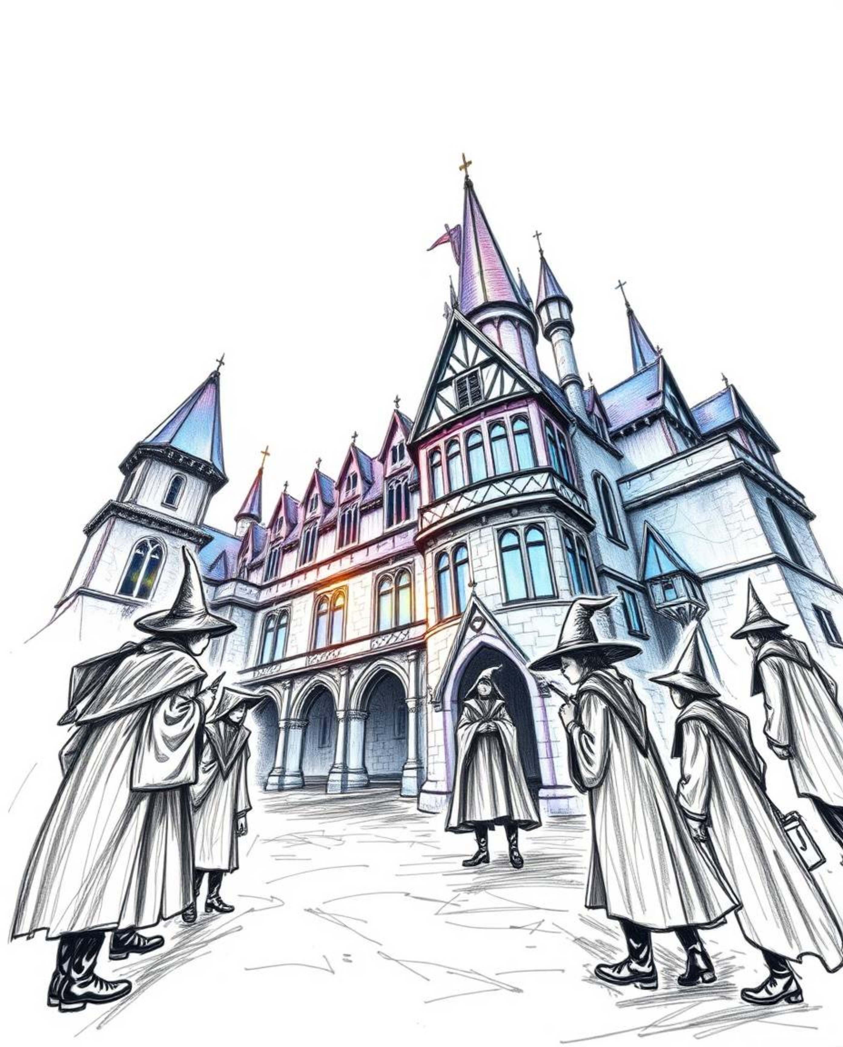Experience a magical school filled with young wizards brought to life with a low angle perspective and iridescent colors over