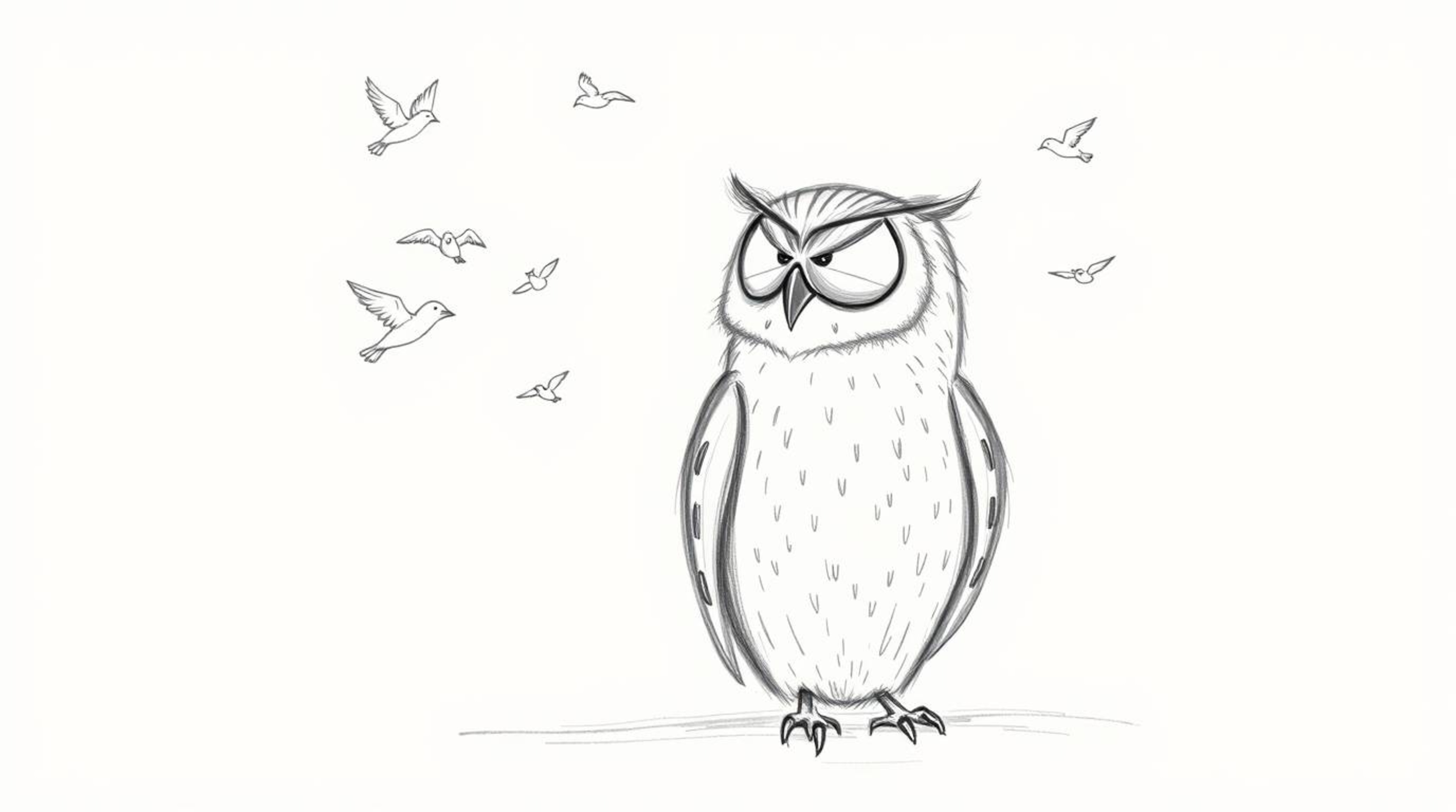 A heartwarming hand-drawn sketch in the style of Pixar portrays a blind owl with soft, textured pencil strokes, calmly sittin