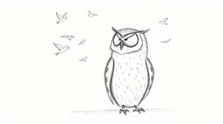 A heartwarming hand-drawn sketch in the style of Pixar portrays a blind owl with soft, textured pencil strokes, calmly sittin