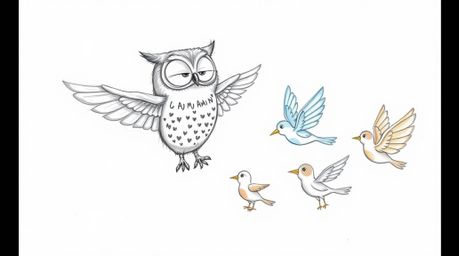 A heartwarming, hand-drawn Pixar-style sketch depicts a blind owl with soft features inspiring a flock of birds to learn to f