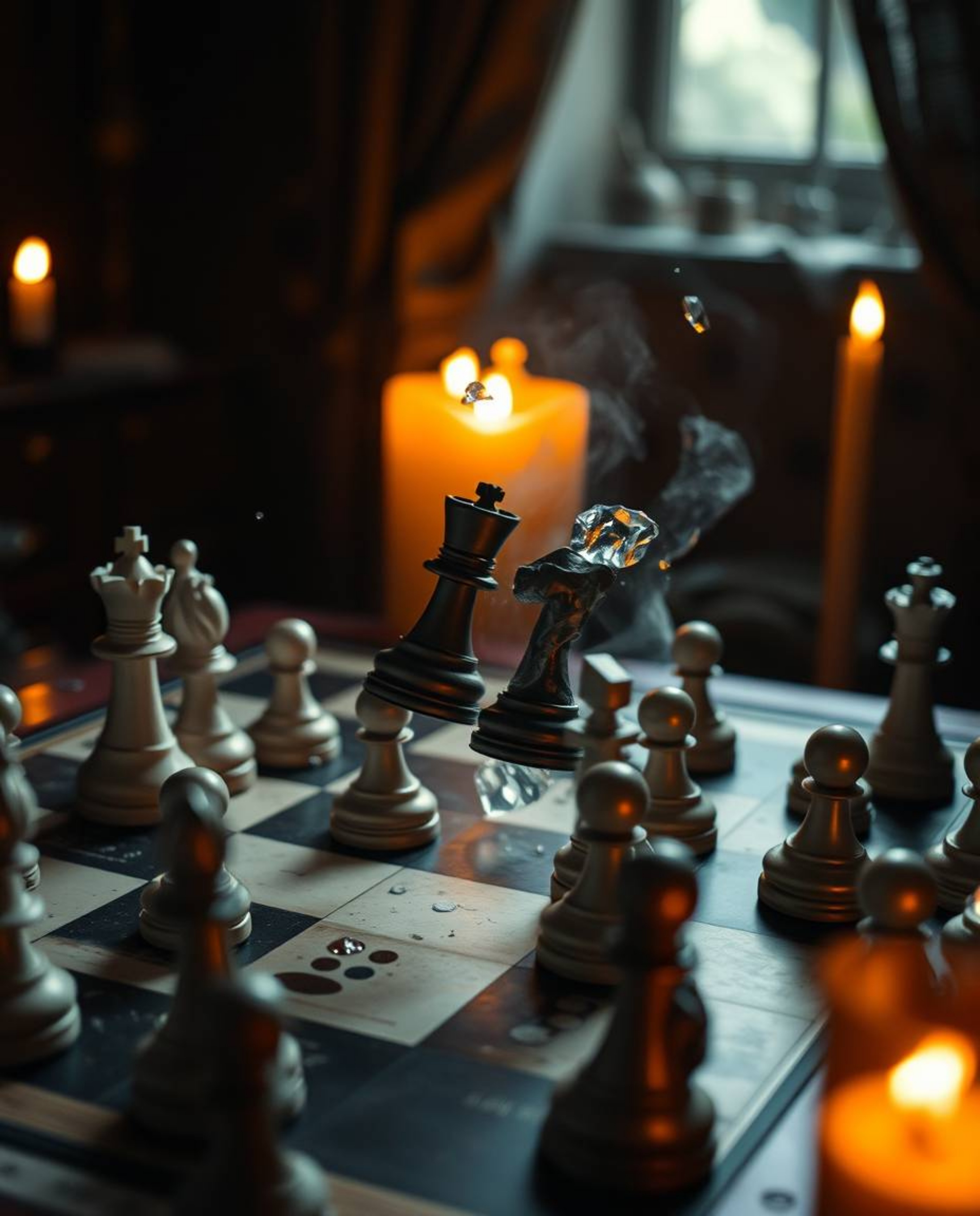 A stunning high-angle perspective capturing a chessboard with pieces frozen mid-air in a dramatic display of destruction, ill