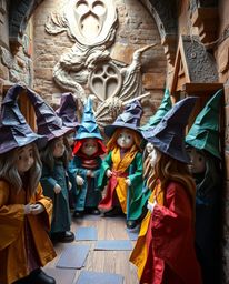 Discover a whimsical wizarding school crafted from vibrantly colored, layered papier-mâché.  This enchanting artwork showcase