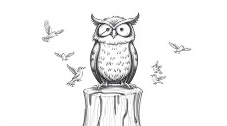 A heartwarming, hand-drawn pencil sketch depicts a joyful, Pixar-style blind owl perched on a tree stump, surrounded by small