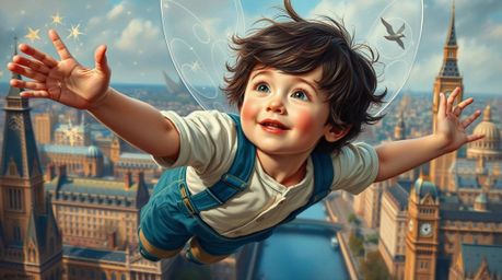 A captivating image of a young boy with rosy cheeks and dark hair, soaring above London's cityscape with glittering pixie dus
