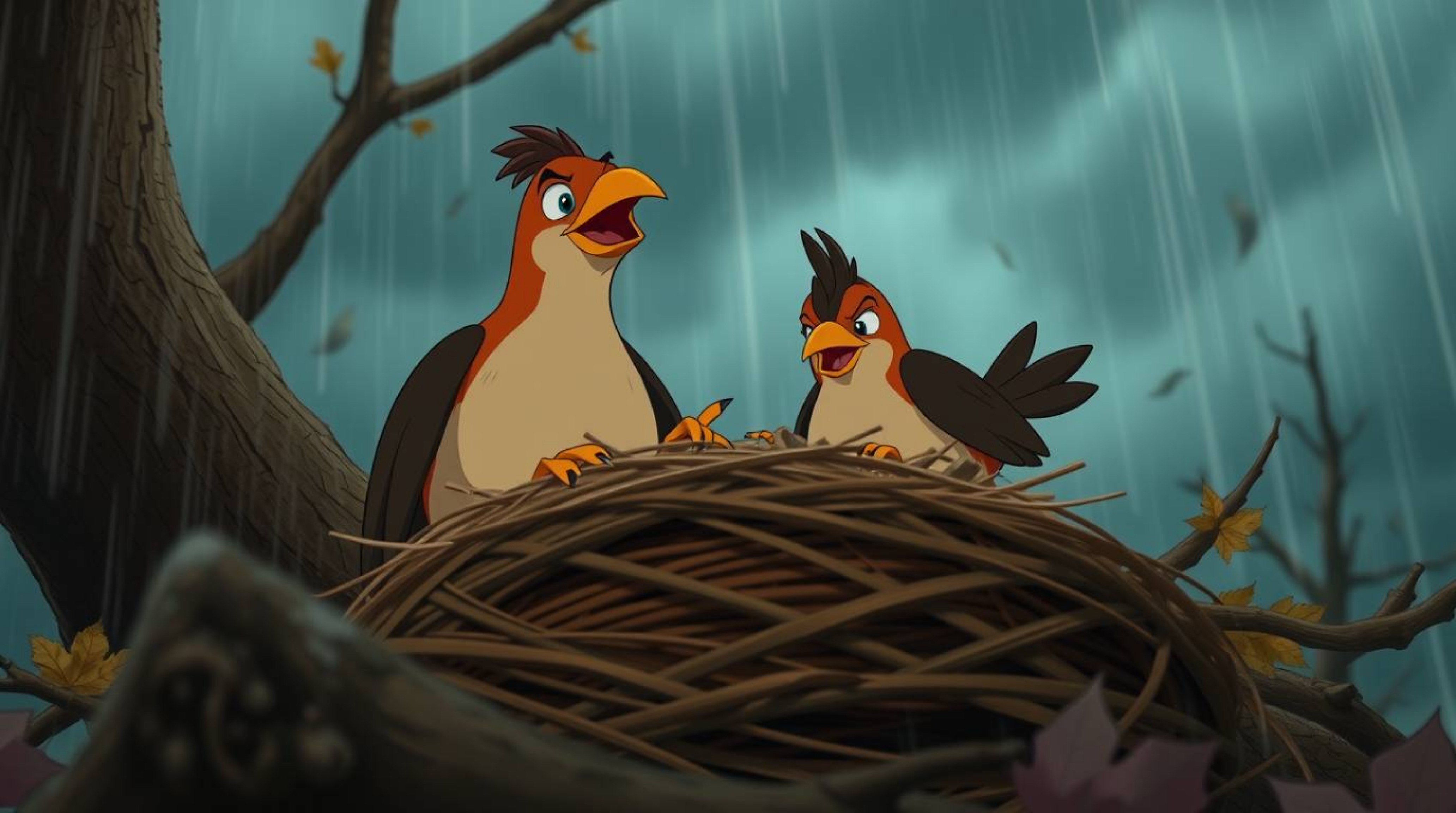 A tight close-up shot of two cartoon birds diligently building a nest amidst an intense dramatic autumnal weather scene, rend
