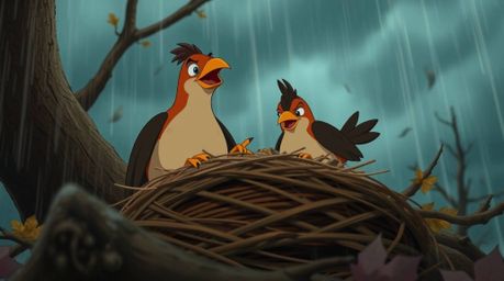 A tight close-up shot of two cartoon birds diligently building a nest amidst an intense dramatic autumnal weather scene, rend
