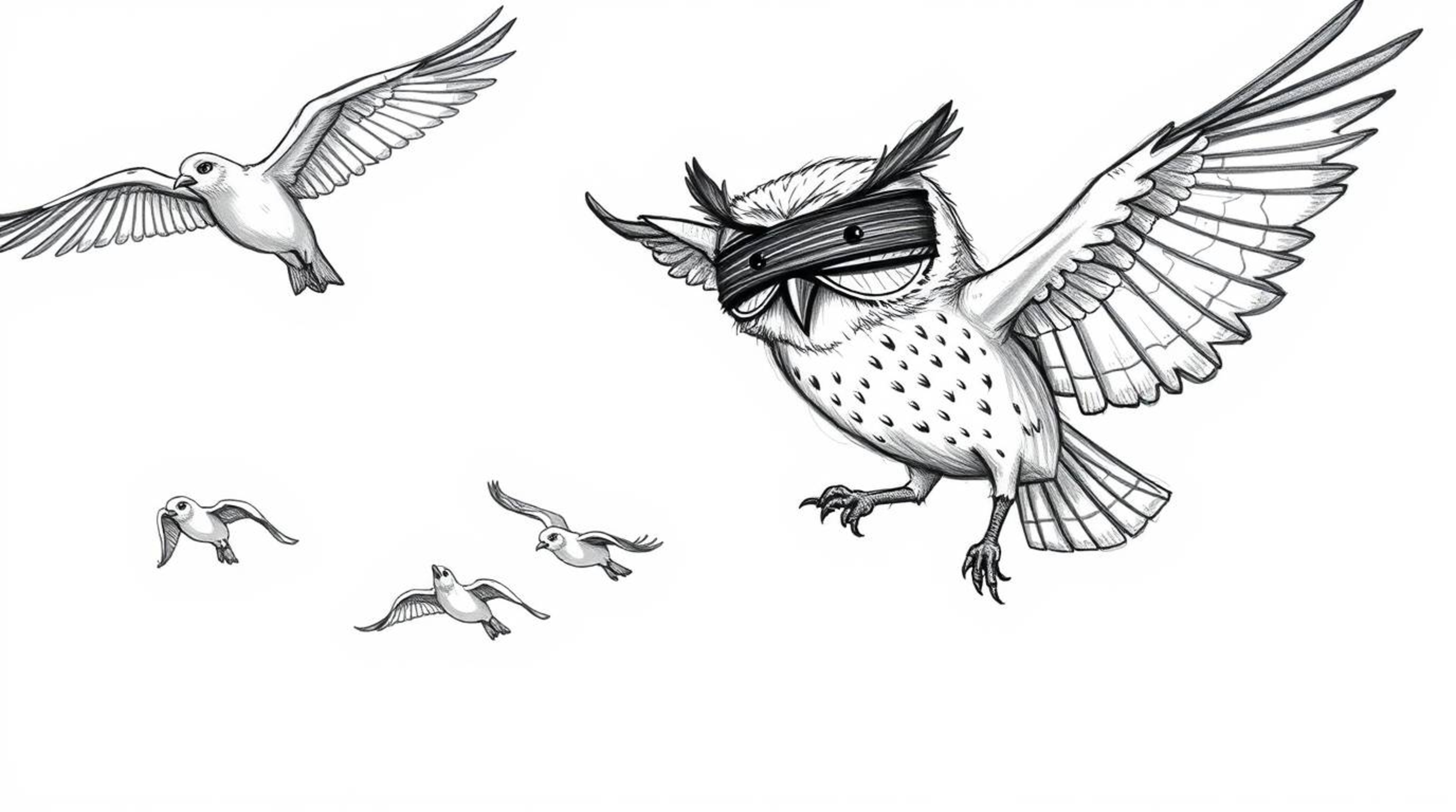 This hand-drawn, Pixar-esque image portrays a blind owl with captivating expressions, orchestrating a breathtaking aerial dis