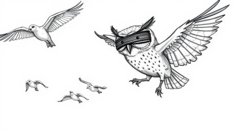 This hand-drawn, Pixar-esque image portrays a blind owl with captivating expressions, orchestrating a breathtaking aerial dis