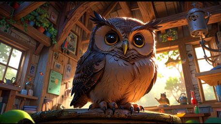 This artwork captures a heartwarming and imaginative scene in a blend of Pixar and anime styles. Inside a peaceful and magica