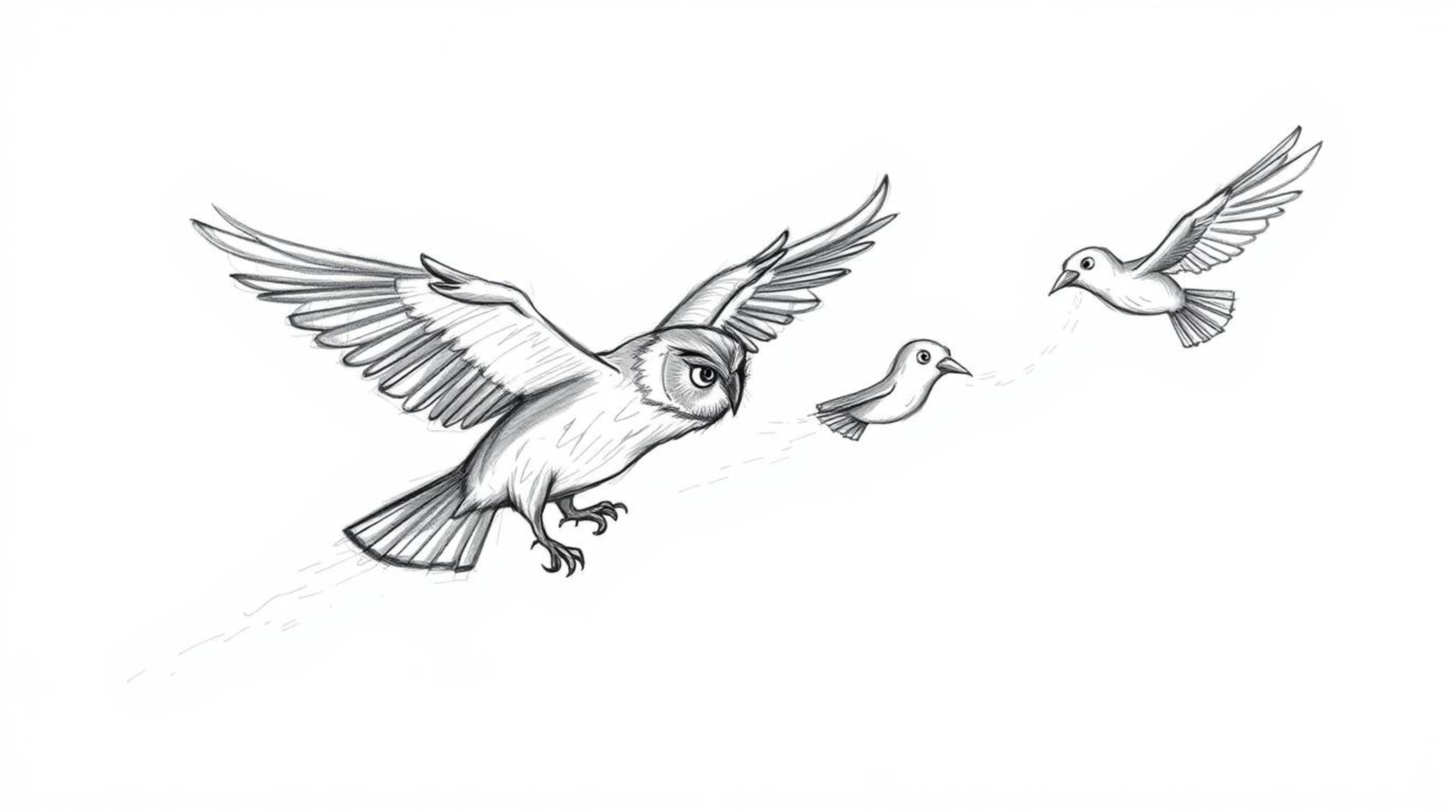 A whimsical hand-drawn sketch in the style of Pixar portrays a blind owl gracefully mid-flight, leading a group of birds in t