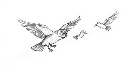 A whimsical hand-drawn sketch in the style of Pixar portrays a blind owl gracefully mid-flight, leading a group of birds in t
