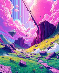 Explore a vibrant Isekai anime-inspired digital landscape, fractured by captivating glitch effects and bold contrasting color