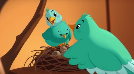 A captivating fine art photograph depicts two cartoon birds meticulously constructing a nest. Rendered in a classic animatio