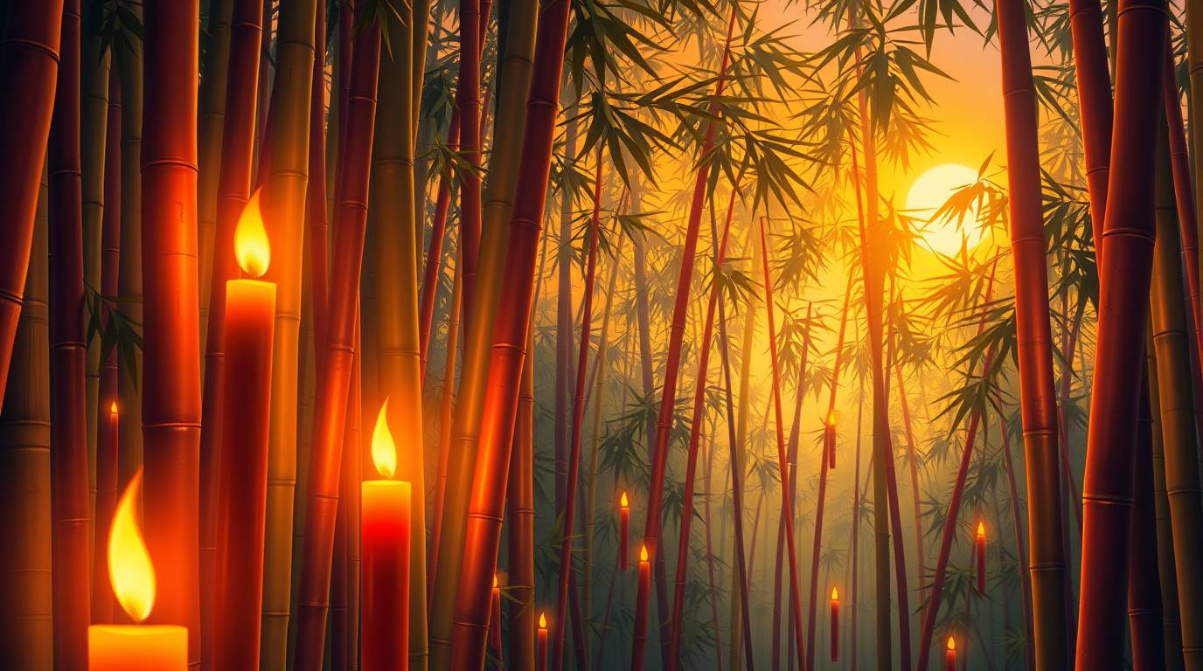 A vibrant and energetic scene captures a bamboo forest bathed in the warm, golden light of a setting sun. Flickering candleli