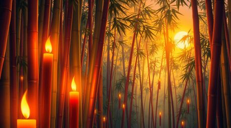 A vibrant and energetic scene captures a bamboo forest bathed in the warm, golden light of a setting sun. Flickering candleli