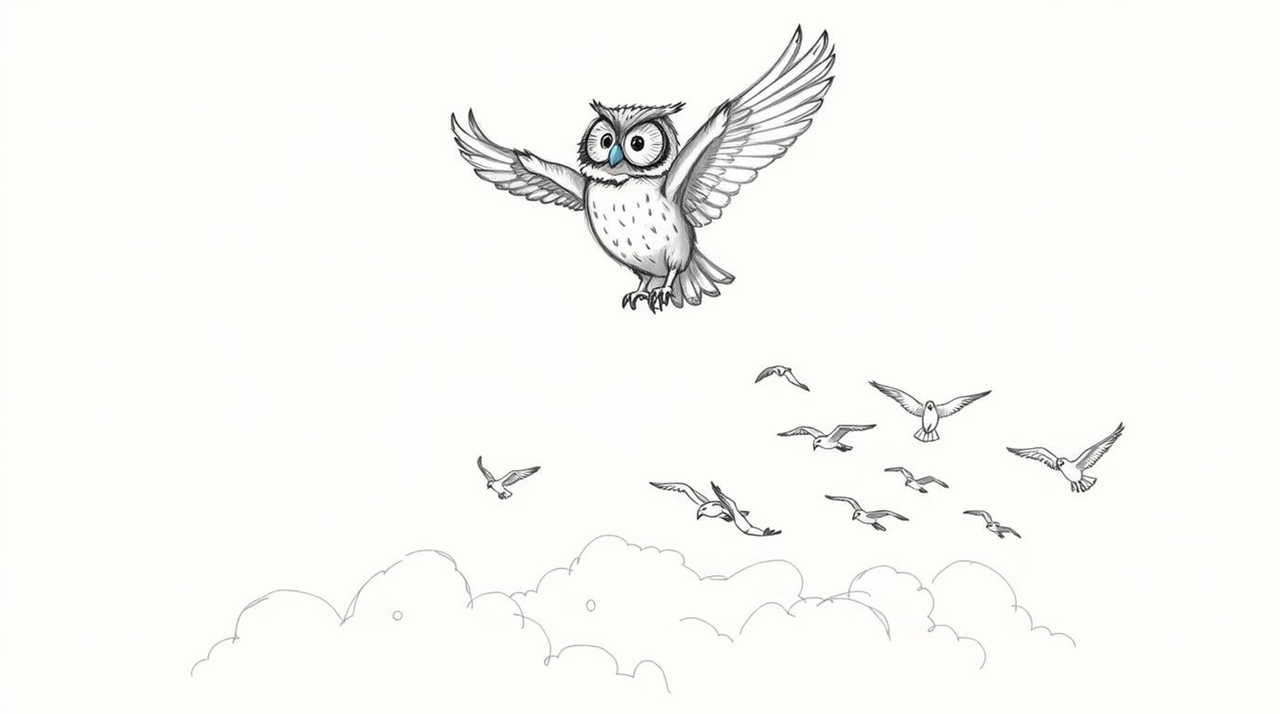 A hand-drawn sketch reminiscent of Pixar's style, features a blind owl, rendered with textured pencil strokes and rough lines