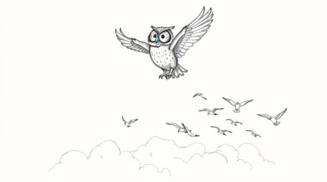 A hand-drawn sketch reminiscent of Pixar's style, features a blind owl, rendered with textured pencil strokes and rough lines