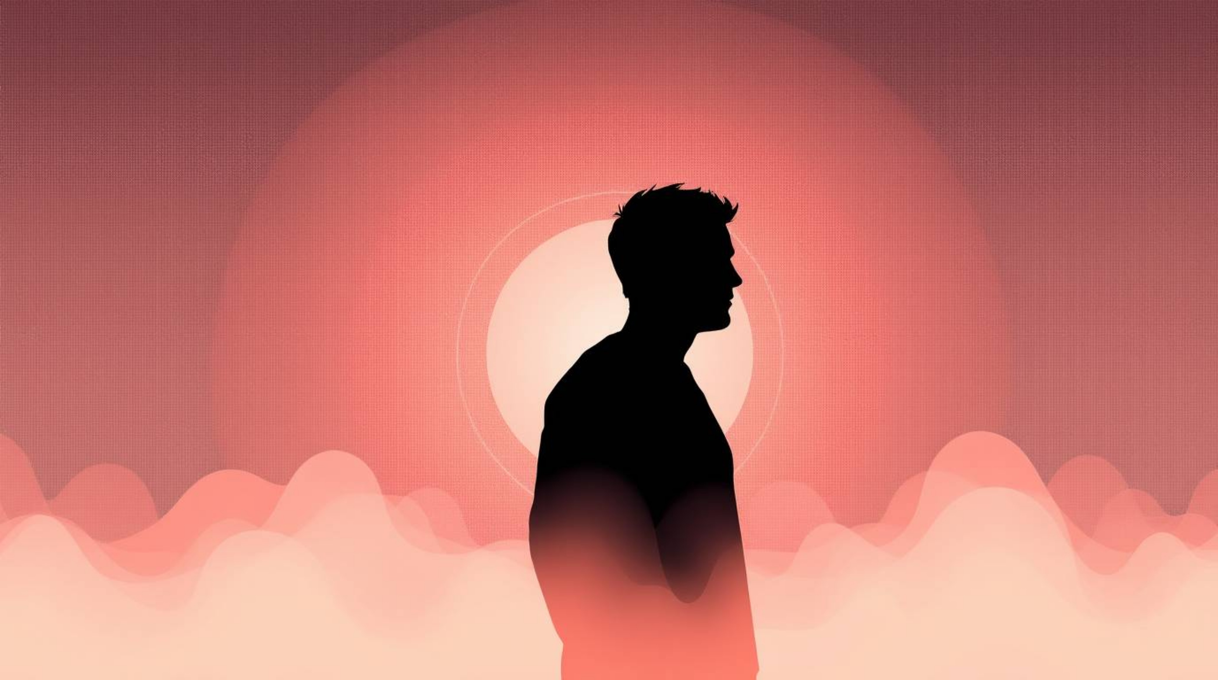 This artwork features a silhouetted figure set against a soft and dreamy gradient mesh background, illuminated by a hazy ligh