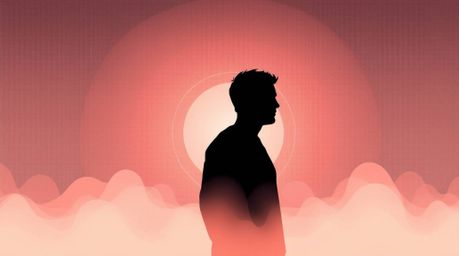 This artwork features a silhouetted figure set against a soft and dreamy gradient mesh background, illuminated by a hazy ligh