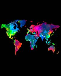 This artwork presents a captivating world map constructed from bright and colorful splashes, radiating with bioluminescent li