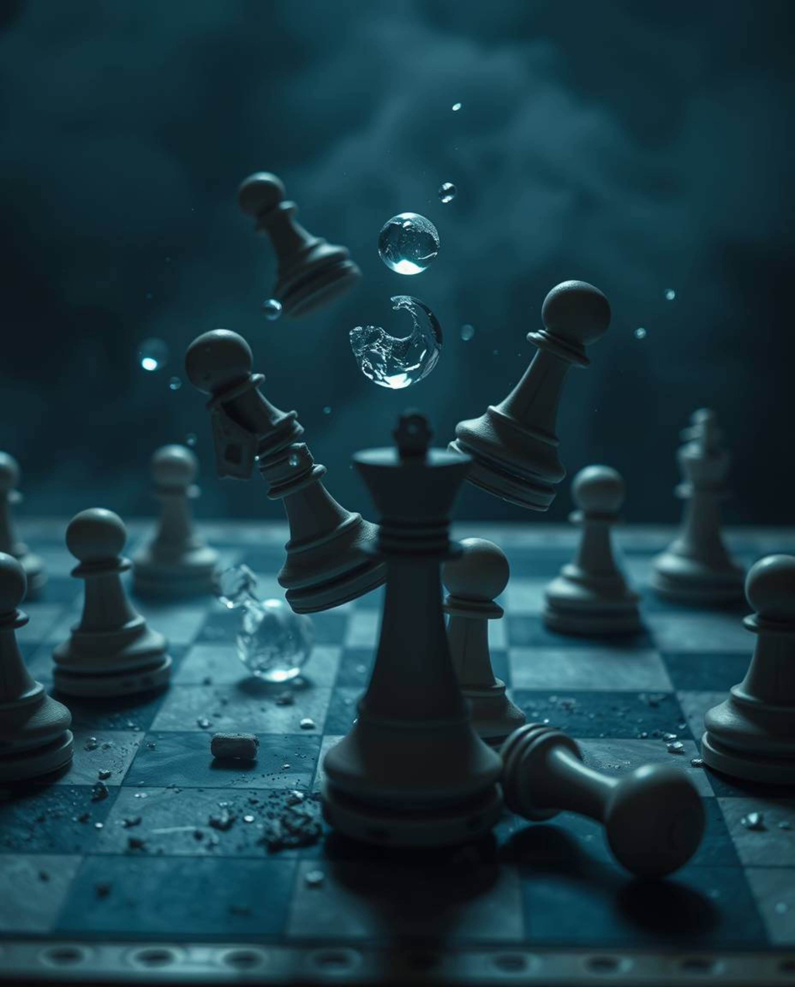 Explore a high-resolution stock photo showcasing a chessboard and its pieces suspended mid-air in a dynamic display of frozen