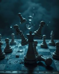Explore a high-resolution stock photo showcasing a chessboard and its pieces suspended mid-air in a dynamic display of frozen