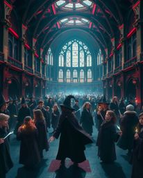 Epic scene of a modern futuristic magical school brimming with young wizards.  The image is characterized by dramatic lens fl