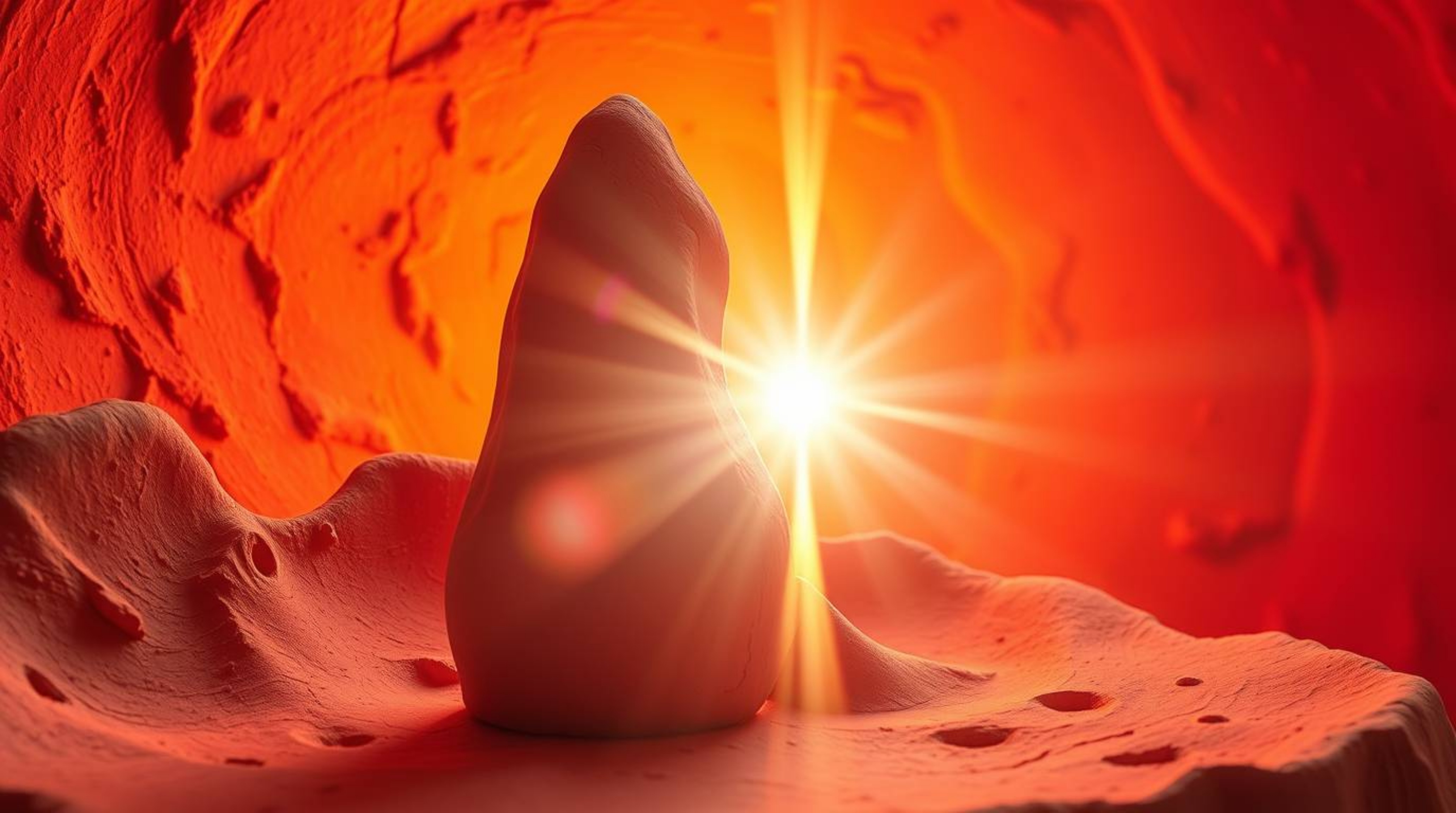 Explore a captivating sculptural clay artwork featuring a warm, bright lens flare and a gradient texture inspired by the mesm