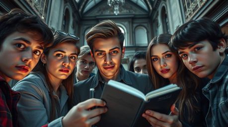 An architectural color photograph captures a group of teens with diverse facial features immersed in solving mysteries within