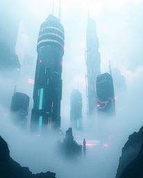 A futuristic sci-fi illustration showcases a glitchy digital landscape featuring distorted skyscrapers engulfed in thick fog 