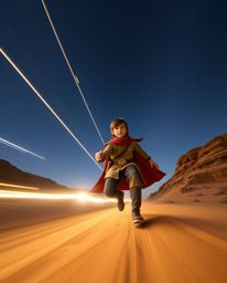 A low-angle, long-exposure photograph depicting a brave Disney hero on a thrilling desert adventure. The image showcases capt