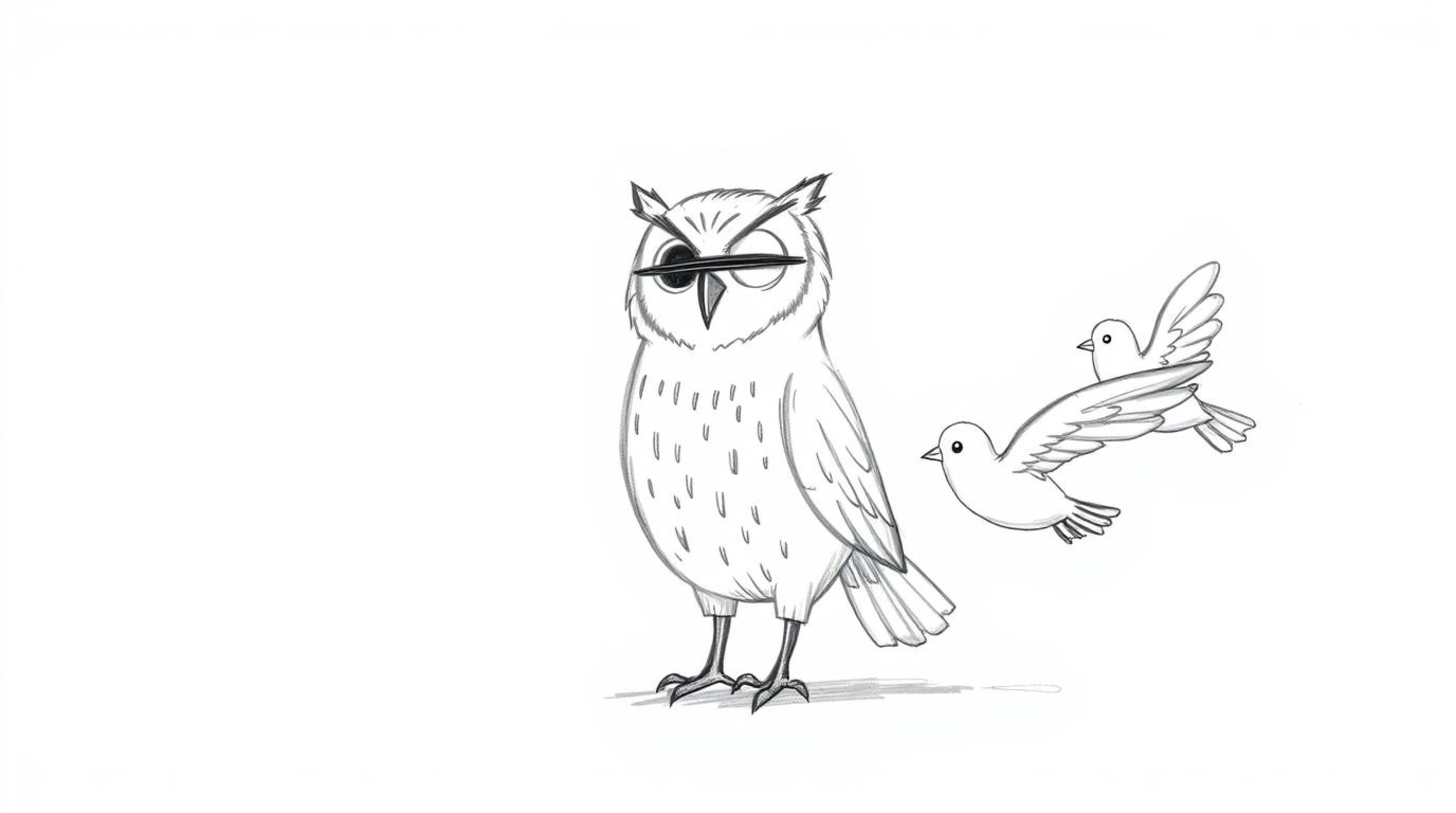 A heartwarming hand-drawn sketch in the style of Pixar depicts a blind owl, rendered with soft, textured pencil strokes again