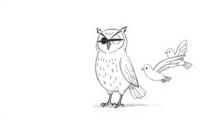 A heartwarming hand-drawn sketch in the style of Pixar depicts a blind owl, rendered with soft, textured pencil strokes again