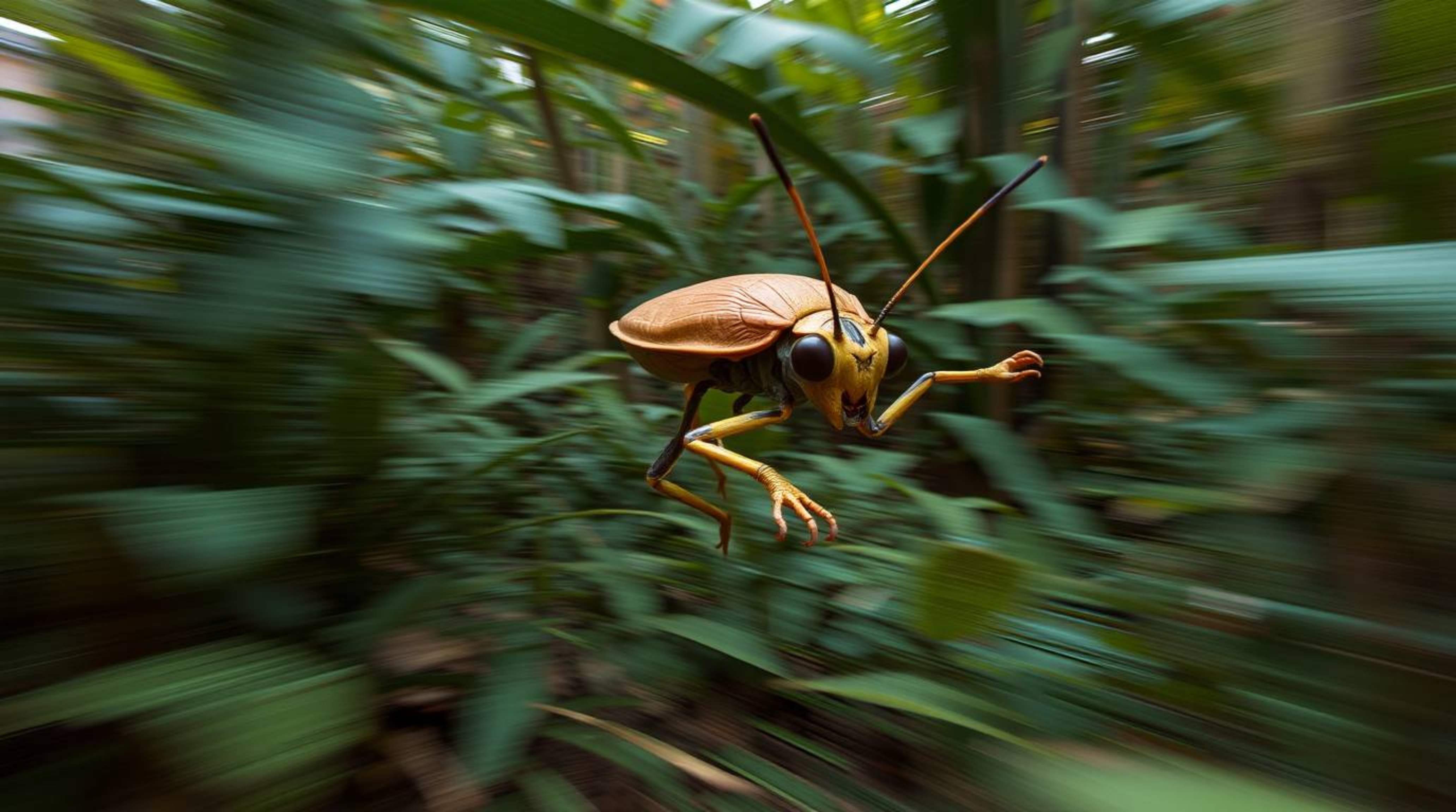 Experience a captivating visual journey of a bug-sized hero navigating a lush backyard jungle.  Dynamic motion blur and actio