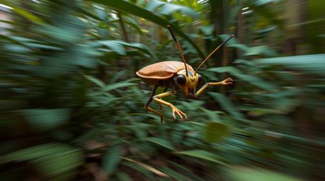 Experience a captivating visual journey of a bug-sized hero navigating a lush backyard jungle.  Dynamic motion blur and actio